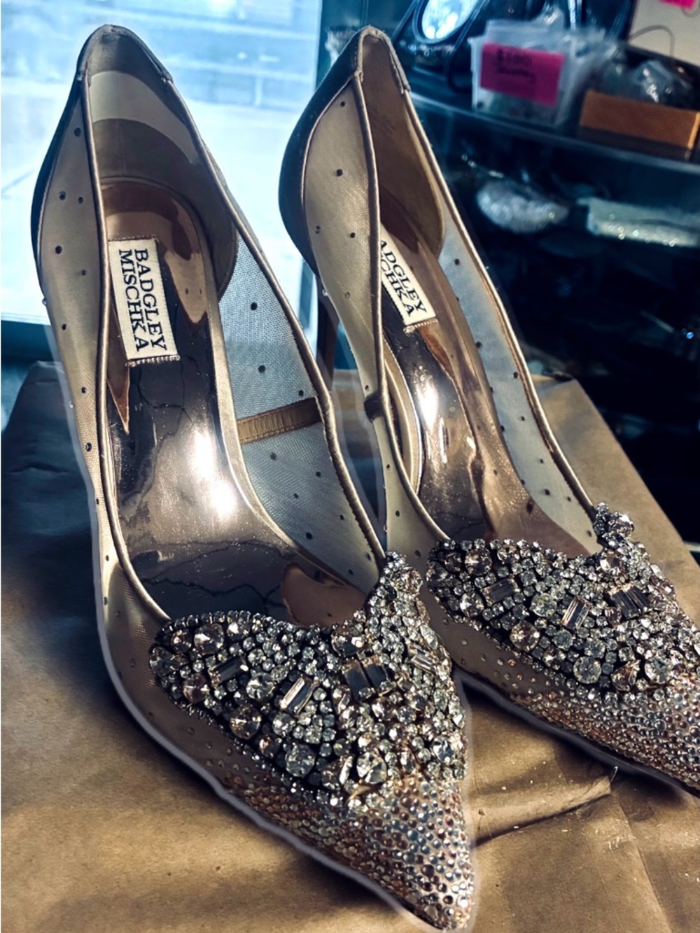 Badgley Mischka Champagne Crystal-Embellished Mesh Pointed-Toe Heels